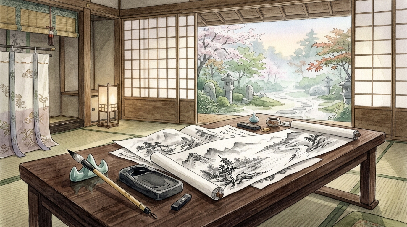 図1: 朝日の差し込む平安時代の格調高い書斎で古典文法の巻物と筆を整えた静謐な情景