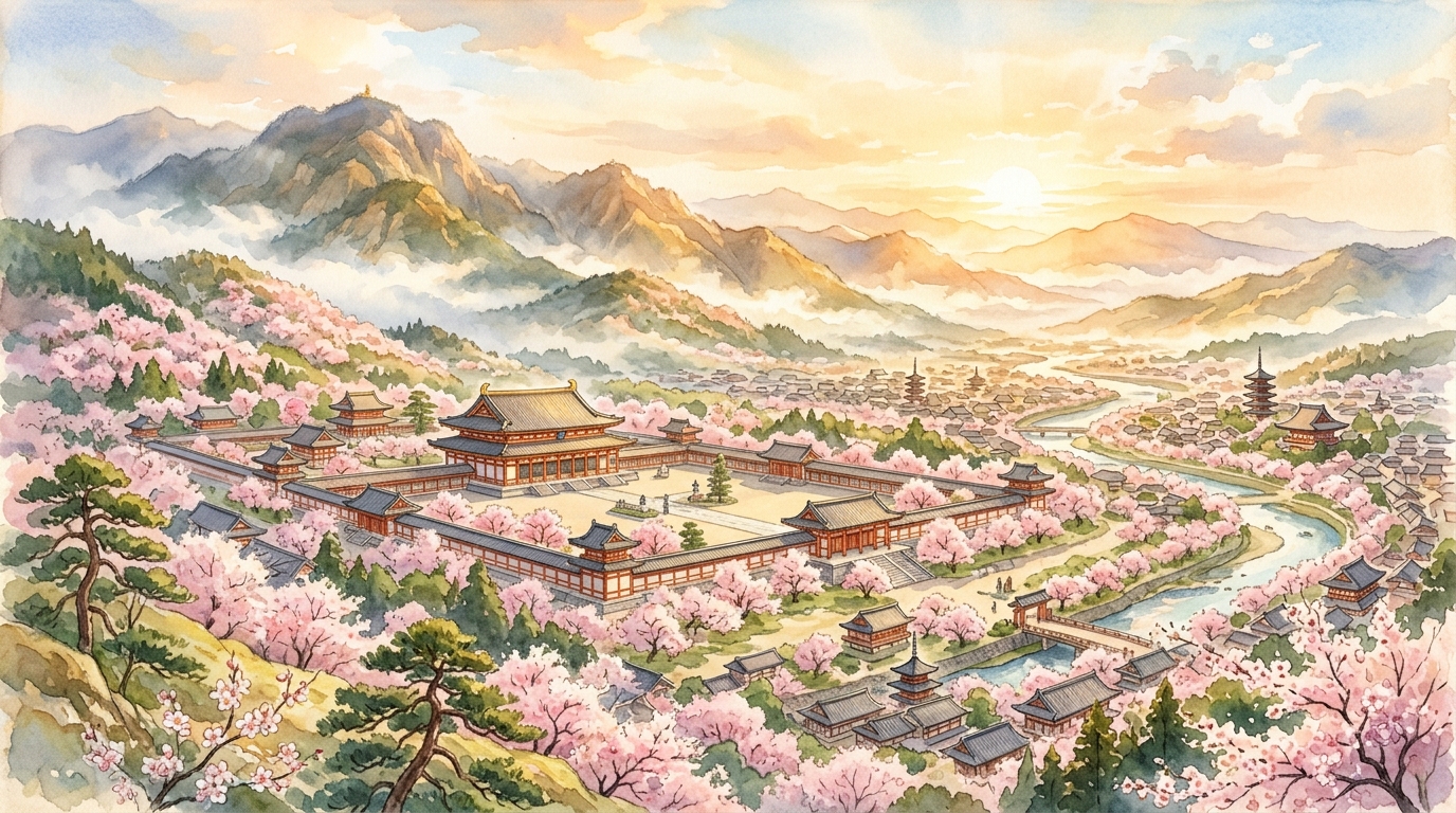 図4: 満開の桜と朝日に包まれた壮麗な平安京大内裏と山並みの絶景パノラマ