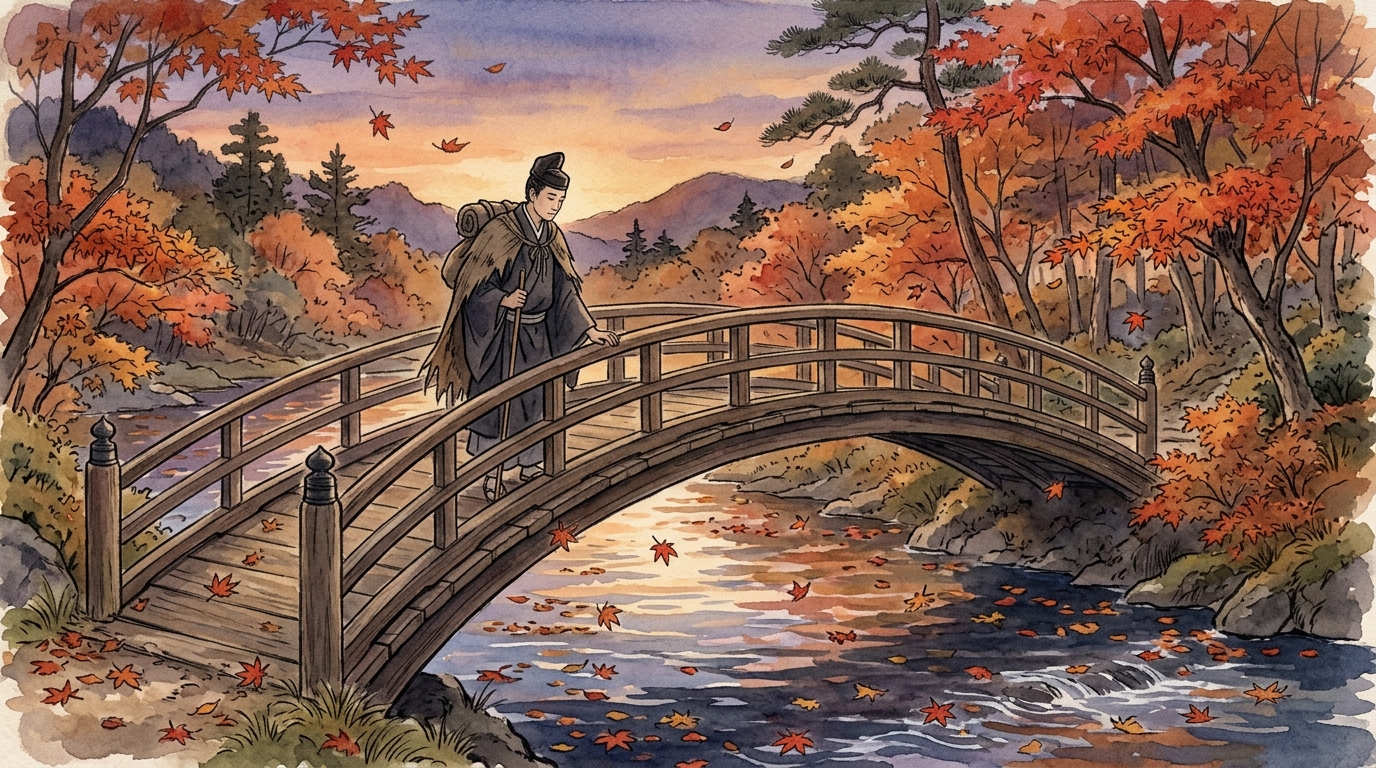 図3: 紅葉散る川の太鼓橋を渡り旅路を行く平安時代の旅人の情緒あふれる夕暮れ風景