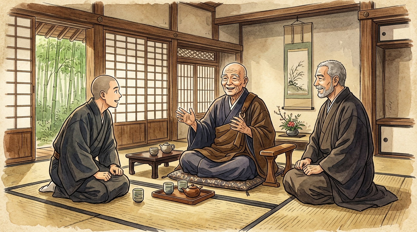 仁和寺の仲間の僧たちに得意げに話す法師