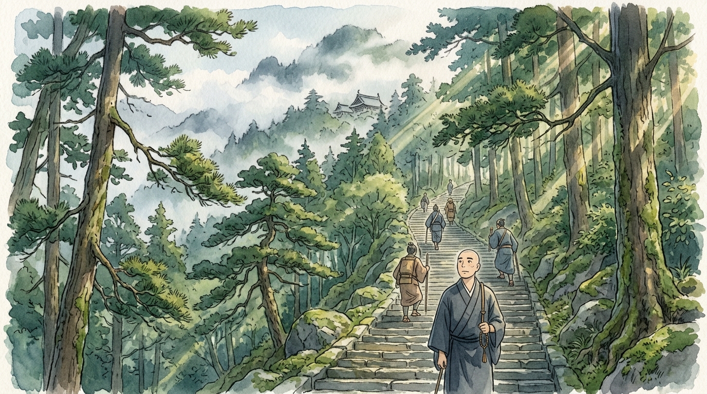 男山の石段を登る参拝客を見送る仁和寺の法師