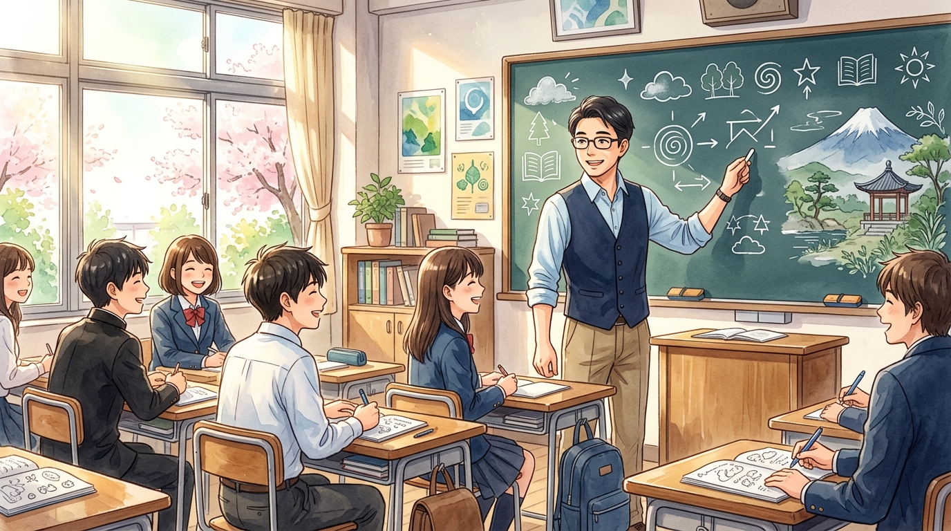 高校の教室で古文を学ぶ生徒とたく先生