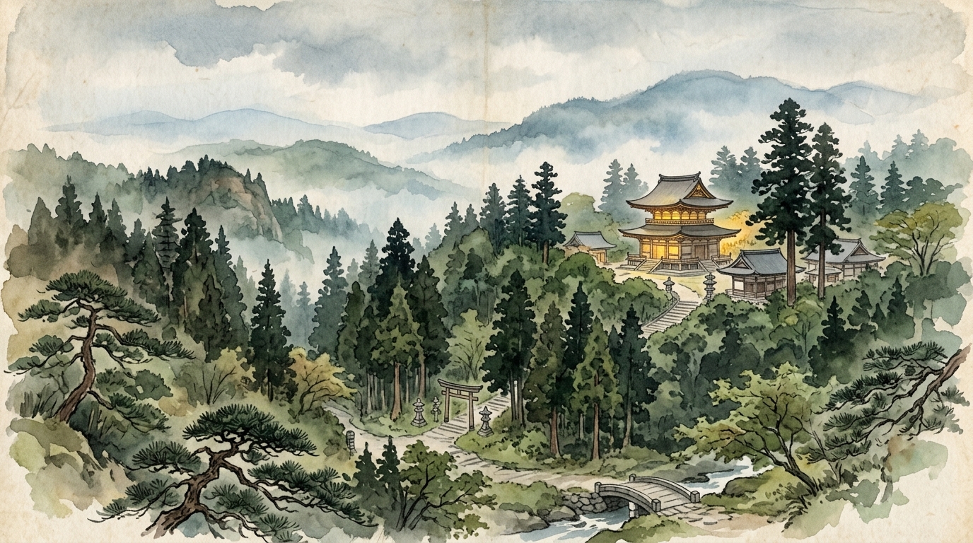 奥州藤原三代の栄華を伝える新緑の中尊寺と金色堂の遠景