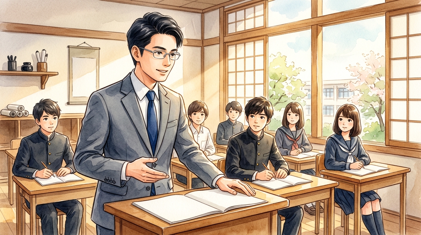 明るい教室で高校生に奥の細道平泉の読解とテスト対策を教えるたく先生