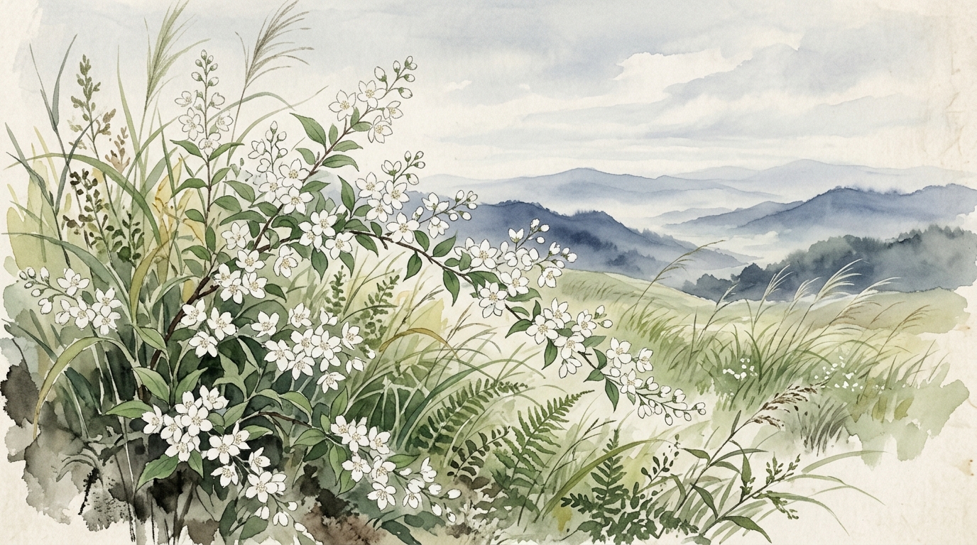 古戦場跡に青々と茂る夏草と白く咲き誇る卯の花