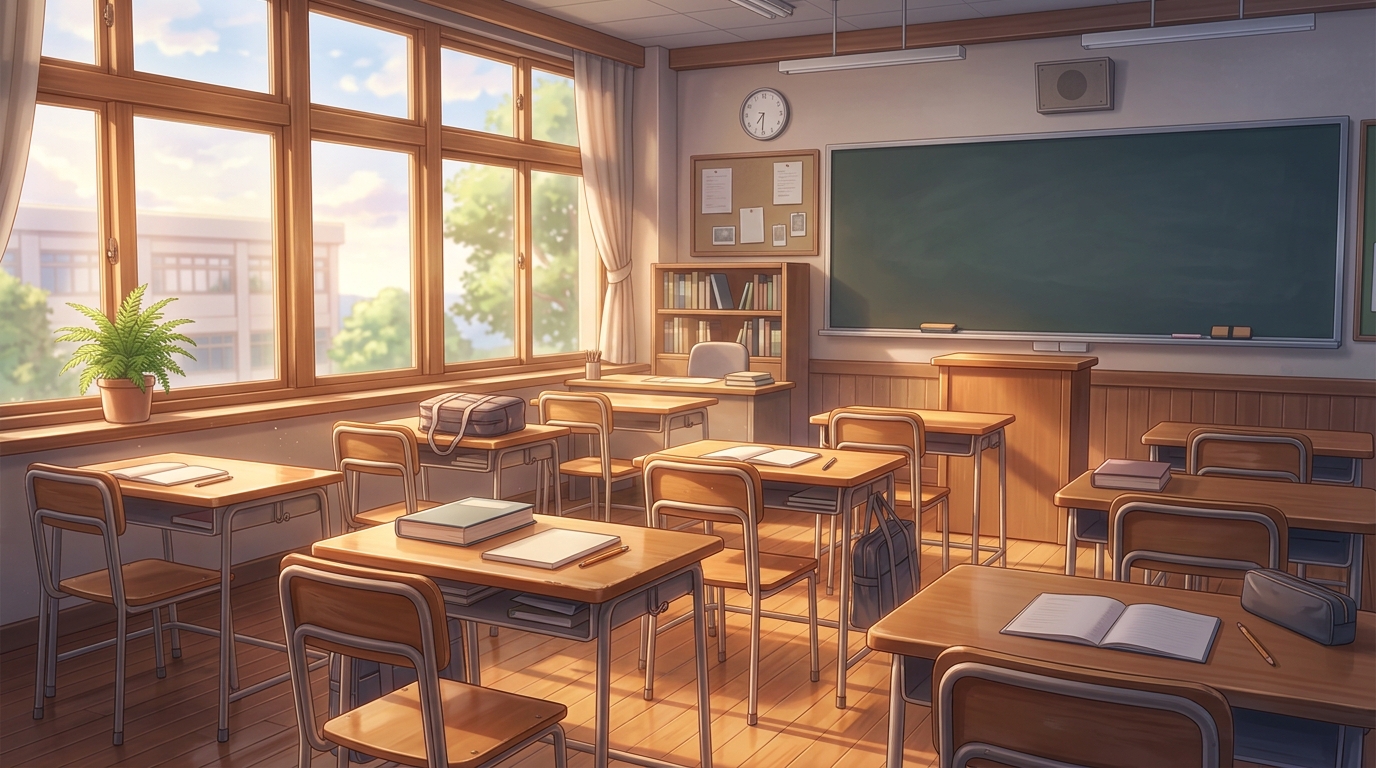 朝の柔らかな光が差し込む高校の教室と整然と並んだ学習机
