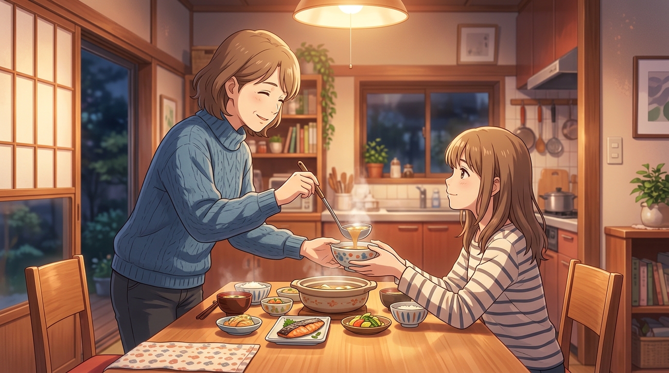夕方のリビングで温かいスープを差し出し子どもの背中にそっと手を添える家庭の風景