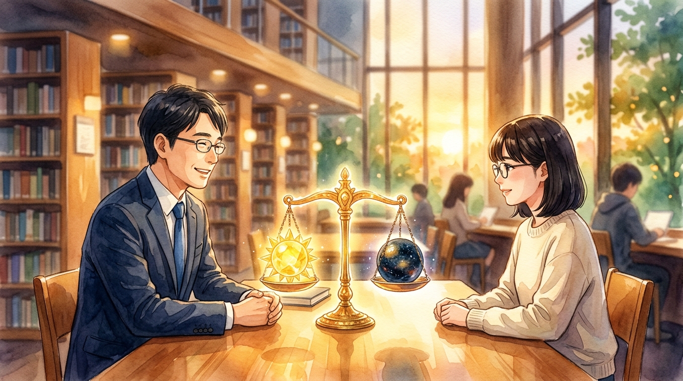二元論と対比構造を天秤のメタファーで学ぶたく先生と生徒の水彩画