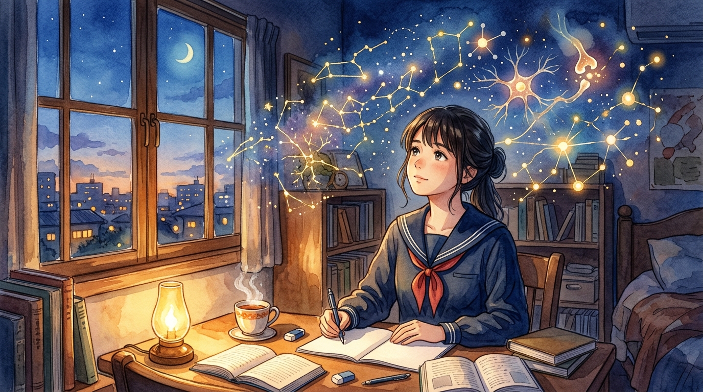 夜空の星空と脳内シナプスの光の下で能動的想起を実践する高校生の女子生徒の水彩画