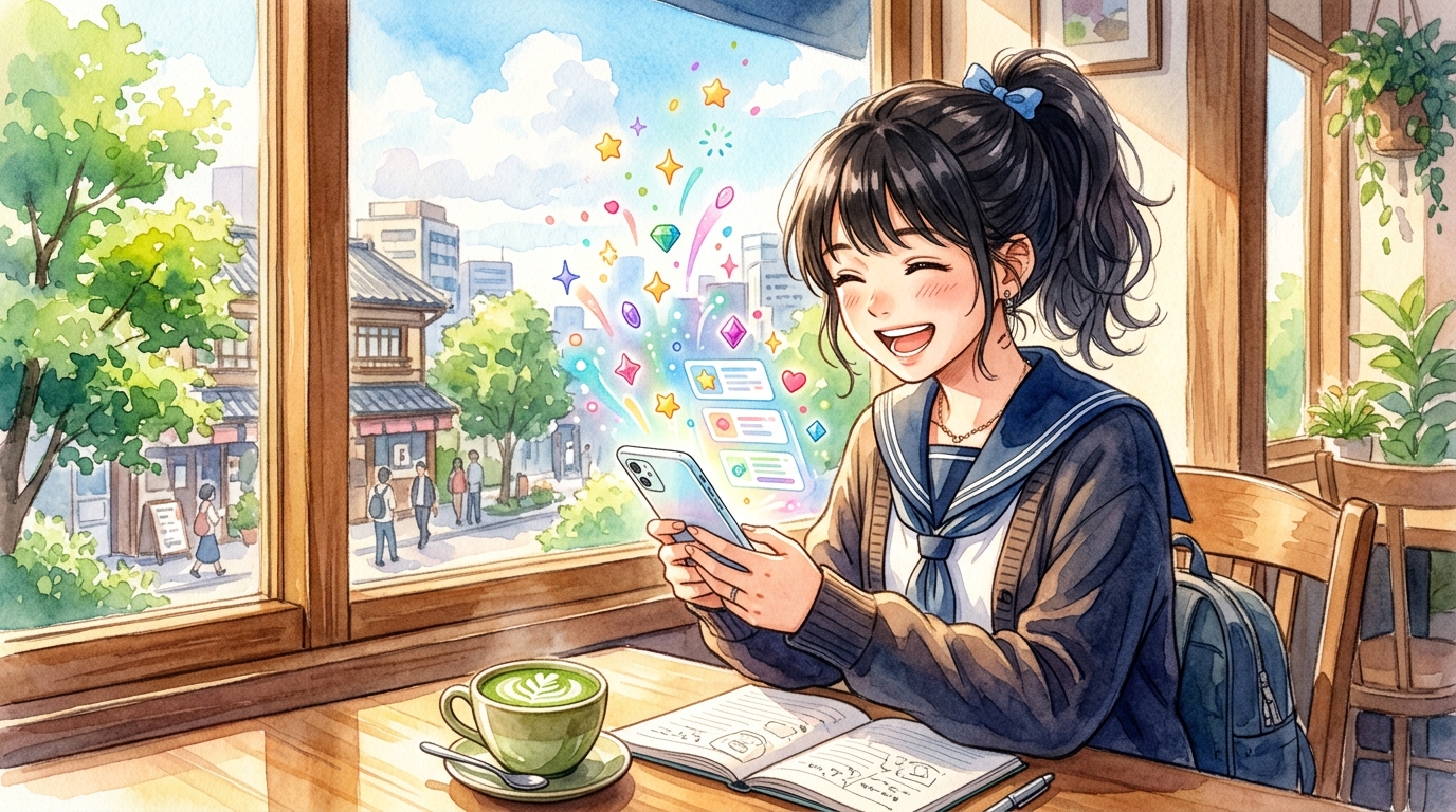 スマートフォンでクイズ形式の現代文キーワード学習を笑顔で進める高校生の女子生徒の水彩画