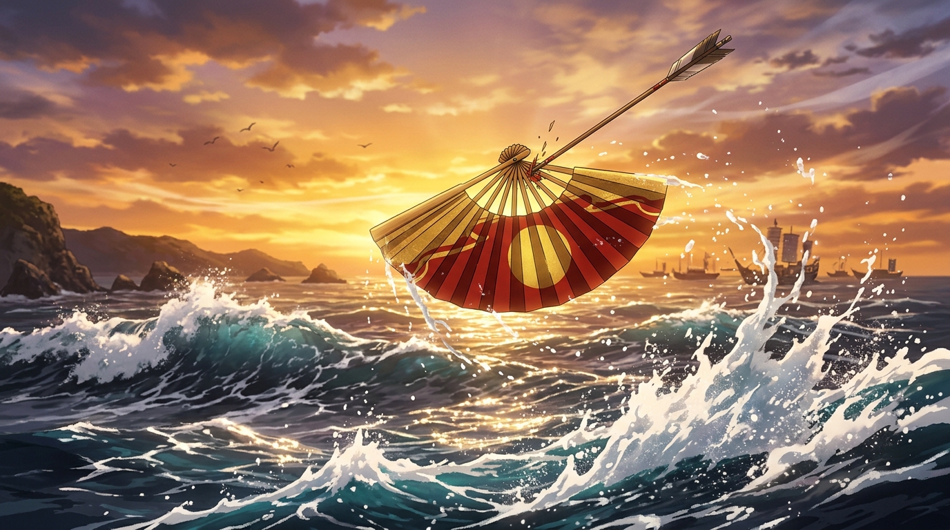 矢によって要を射切られ夕日の海へと舞い落ちる日の丸の扇のイラスト