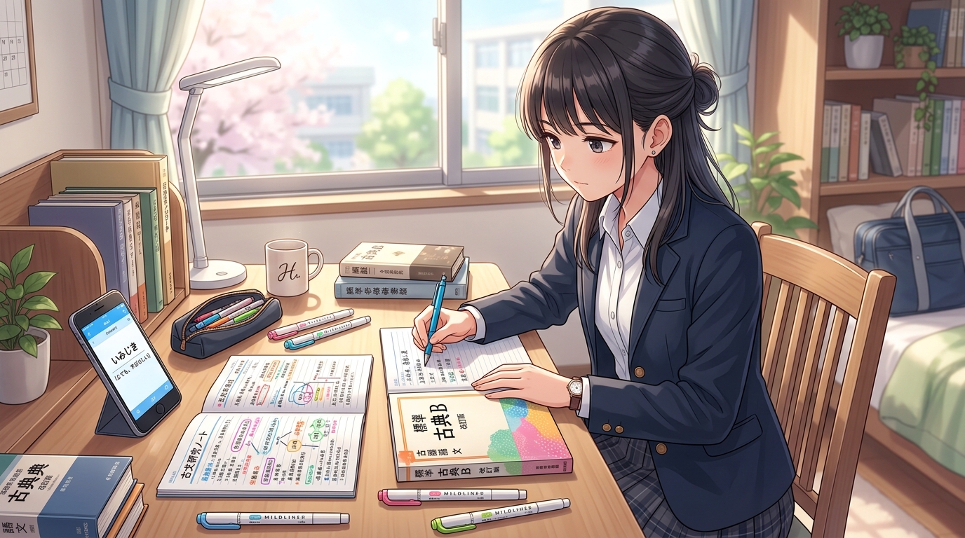 明るい机で古文単語帳とノートを開いてテスト勉強に集中する高校生のイラスト