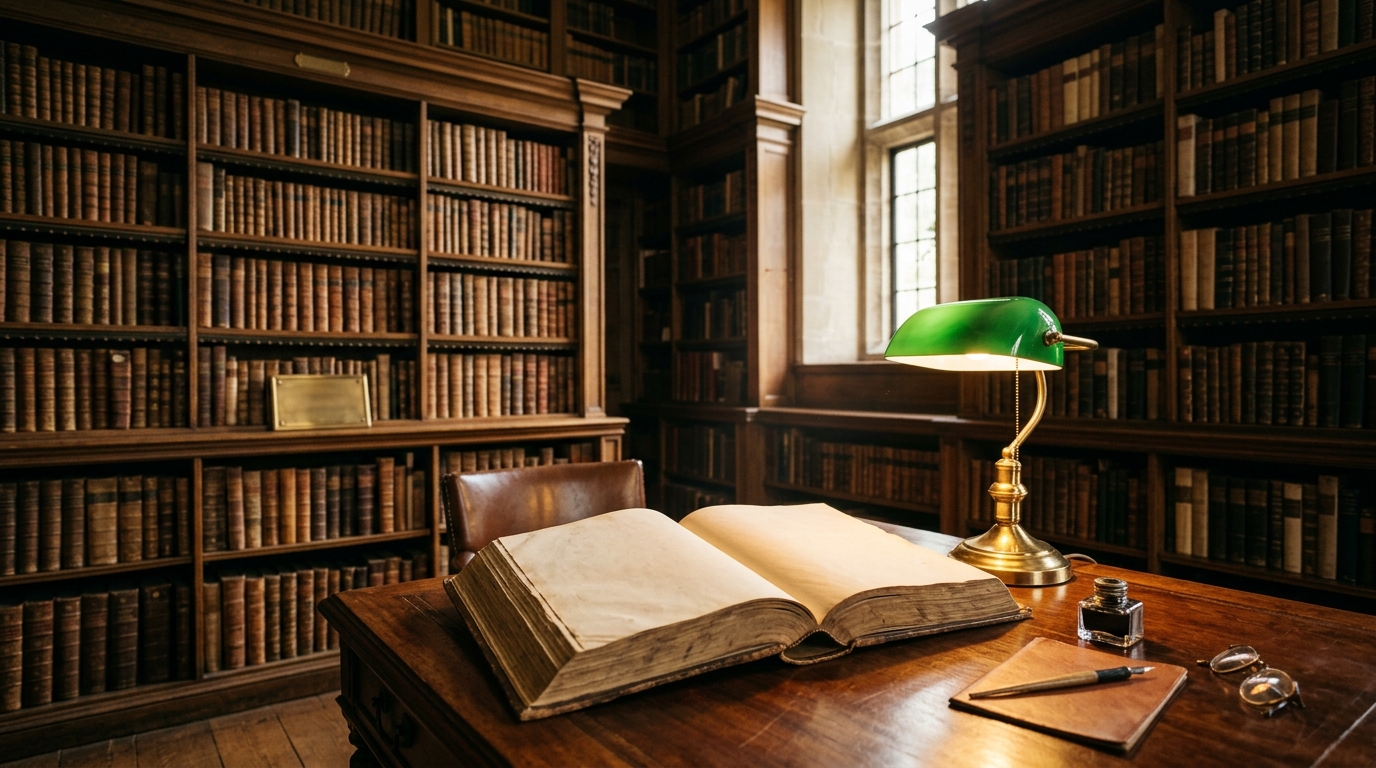 先人の知恵と思考の旅を象徴する静かな図書館の情景