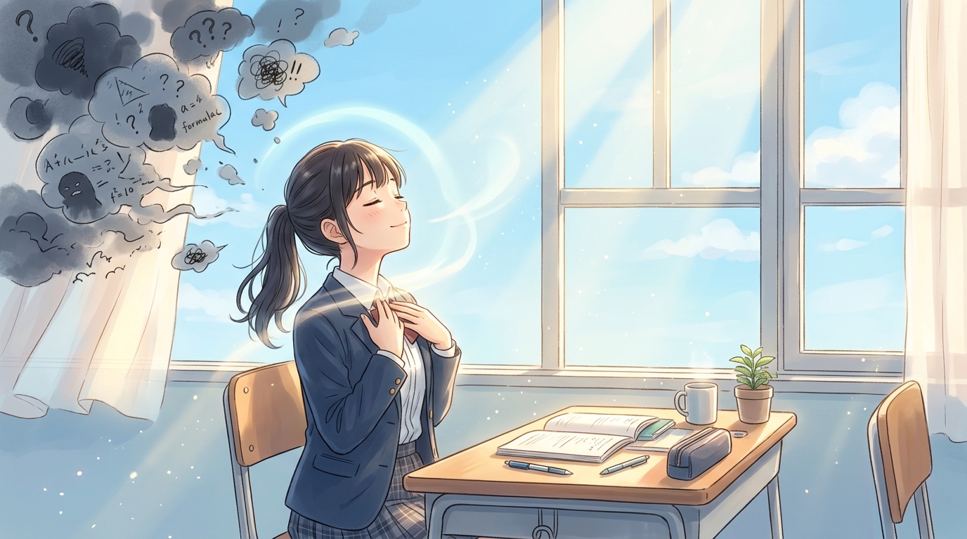 言葉の力で不安が消え去り心が落ち着いた受験生の情景