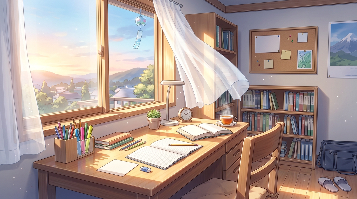 朝の光が差し込み希望に満ちた学習机の情景