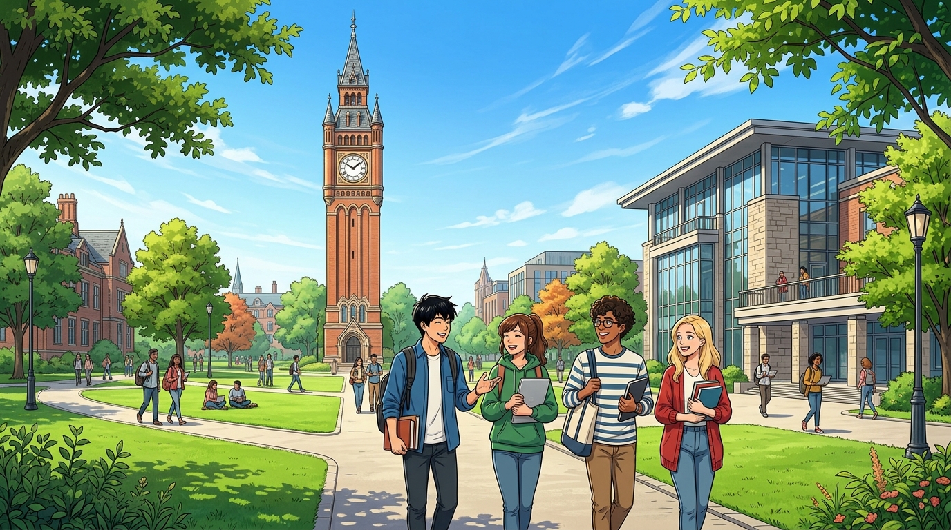 大学キャンパスで学び未来を目指す大学生と3つのポリシーの統合イメージ