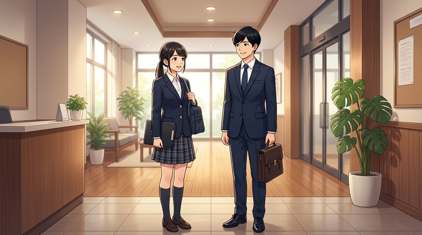 面接にふさわしい清潔感あふれる制服姿とスーツ姿の高校生・既卒生の立ち姿