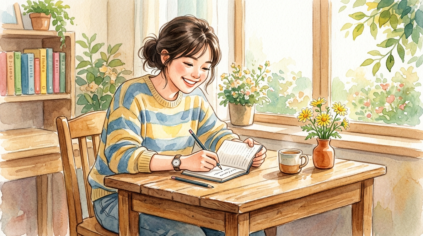 1分間の小さな学習から笑顔で始める高校生を描いた水彩画