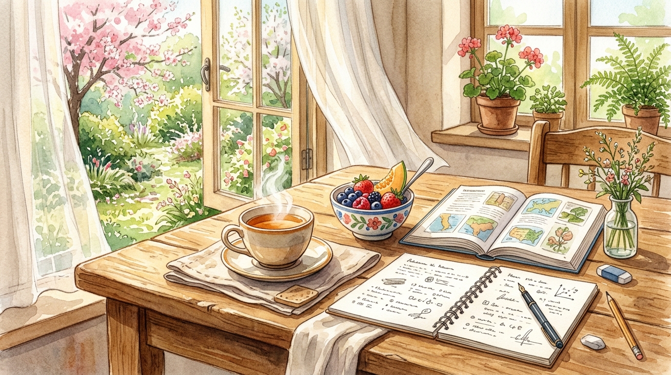 朝の食事や日常動作に勉強が自然に溶け込む心地よい情景を描いた水彩画