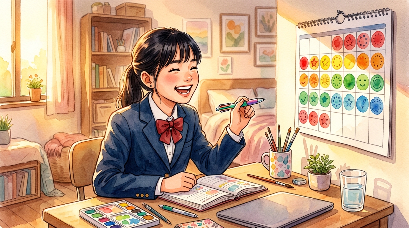 カレンダーに達成記録をつけて笑顔になる高校生のイラスト