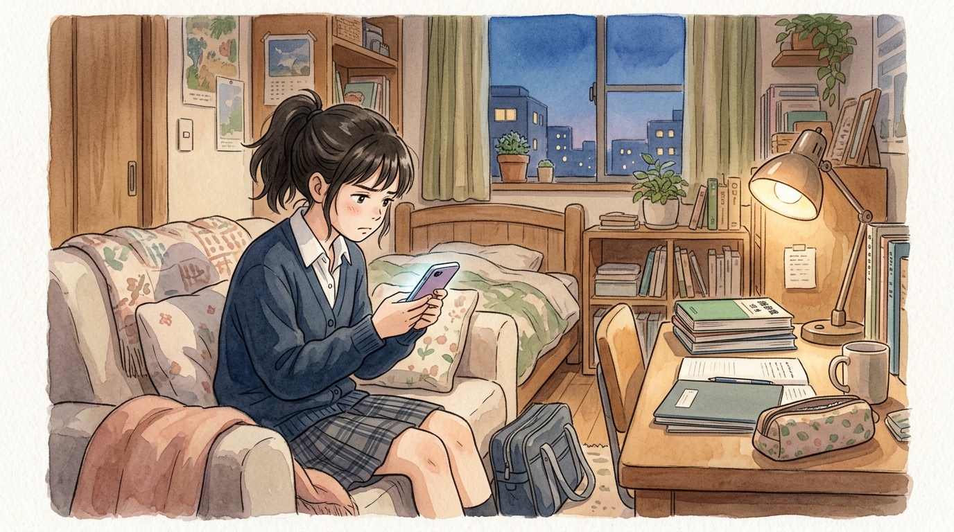 勉強机の前でスマートフォンを眺めながら先延ばしに悩む高校生