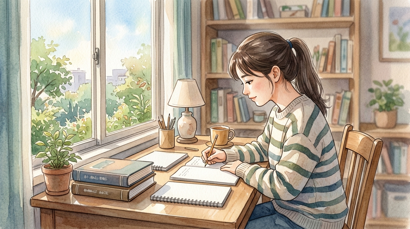 温かい光が差し込む学習机で教科書を開き声に出して楽しく学ぶ高校生の水彩イラスト