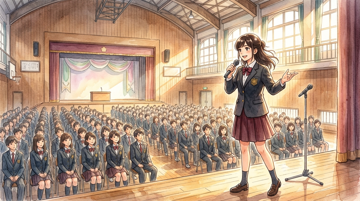 前を向いて生き生きと声に出しながら堂々と知識をアウトプットする高校生の情景