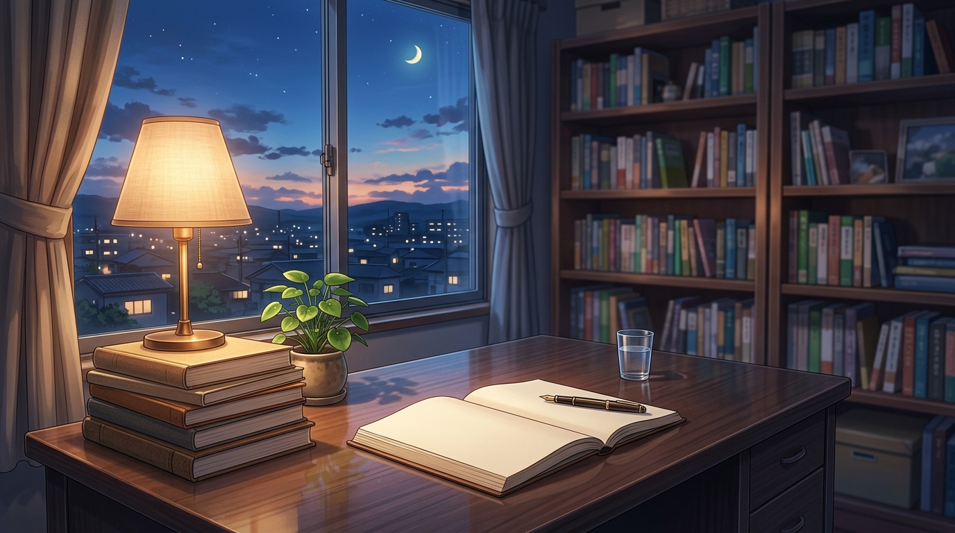 温かいデスクライトに照らされた整理された机と開かれたノートの静謐な夜