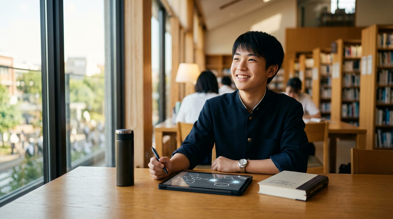 図書館の窓辺で論理的読解の構造を理解し晴れやかな笑顔を浮かべる男子高校生