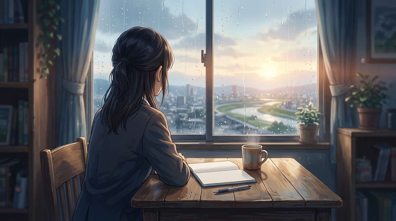 雨上がりの窓辺で過去を振り返りながら光を見つめる学生の後ろ姿