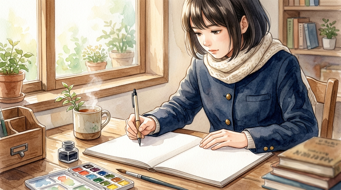 白紙のノートに向かって記憶を思い出しながらペンを走らせる女子高生の姿