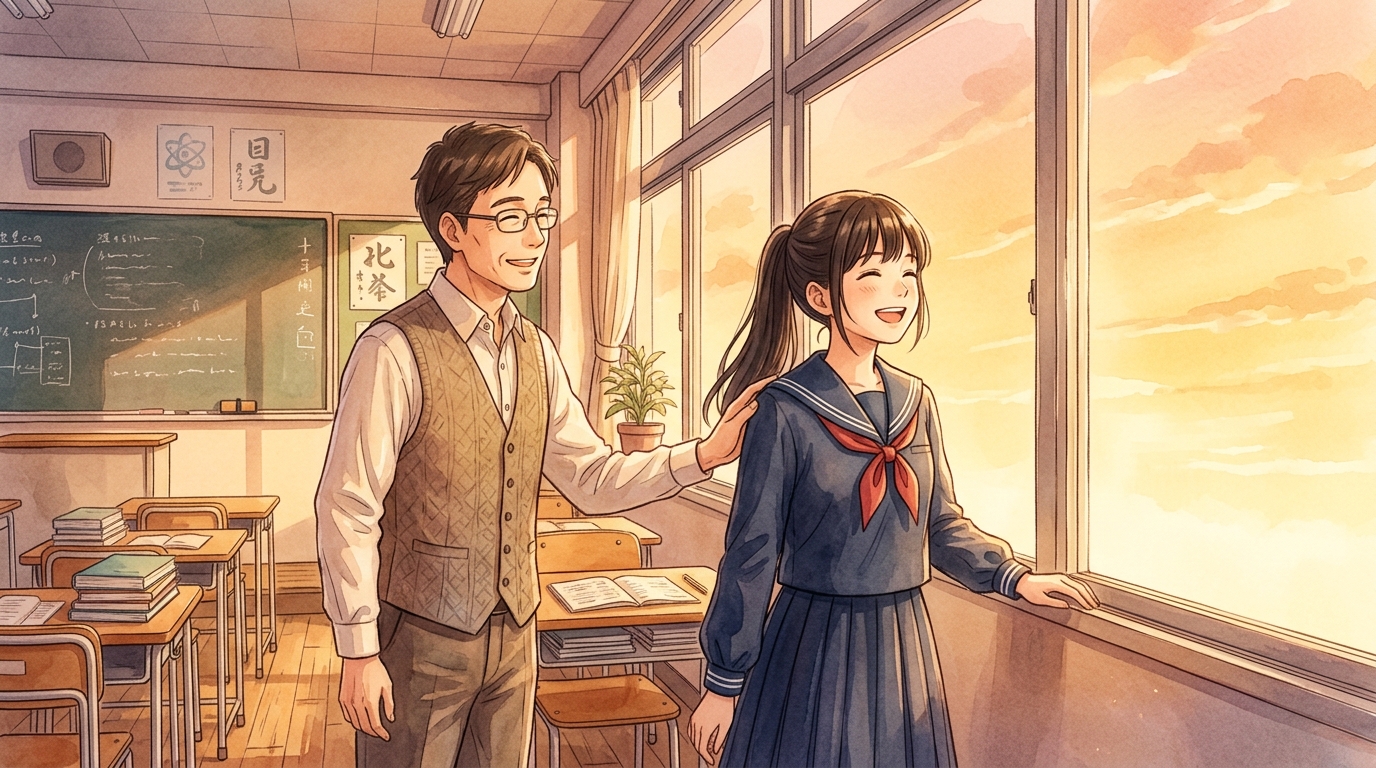 夕焼けの教室で達成感に満ちた笑顔を見せる女子高生と温かく見守るたく先生