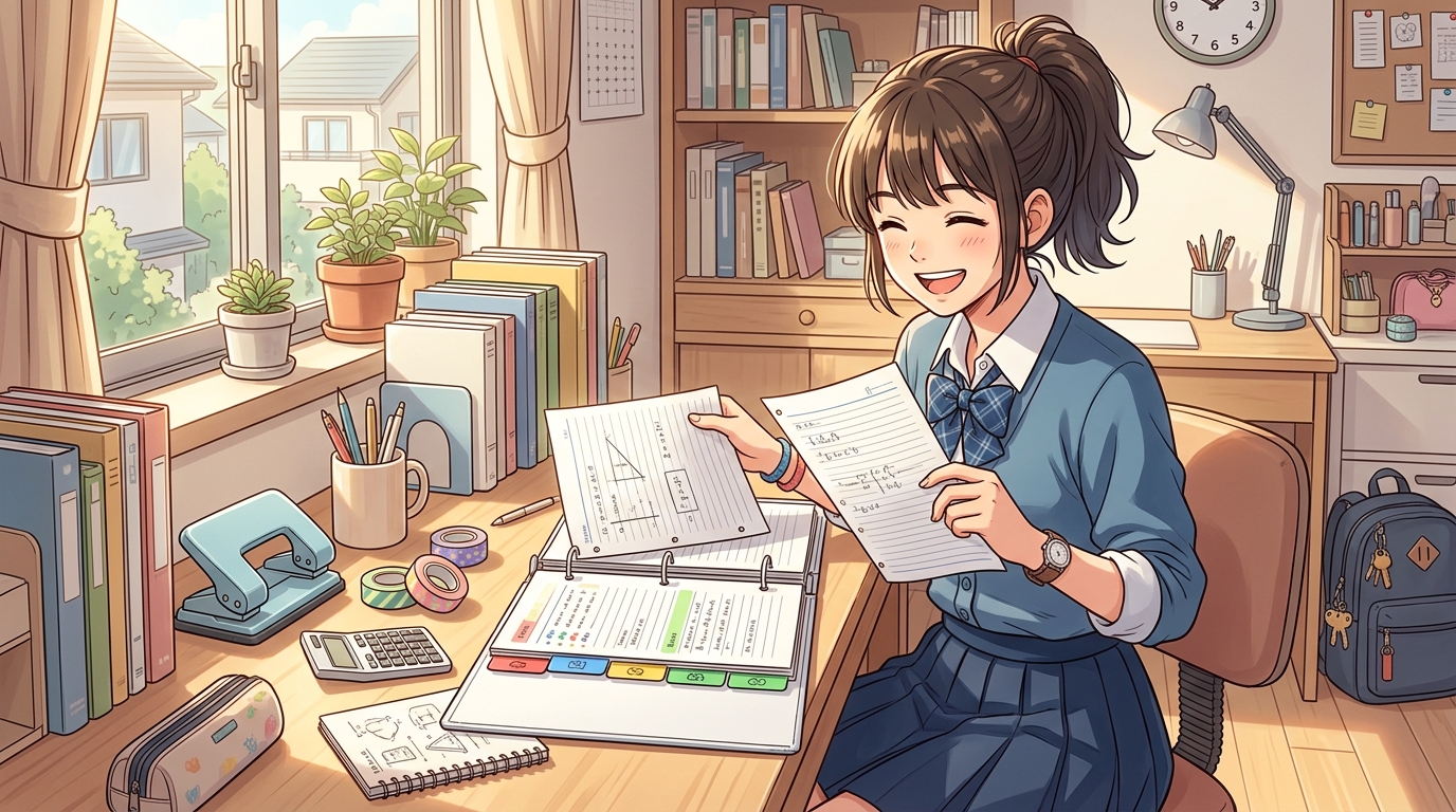 インデックス付きバインダーにルーズリーフを整理する学生のイラスト