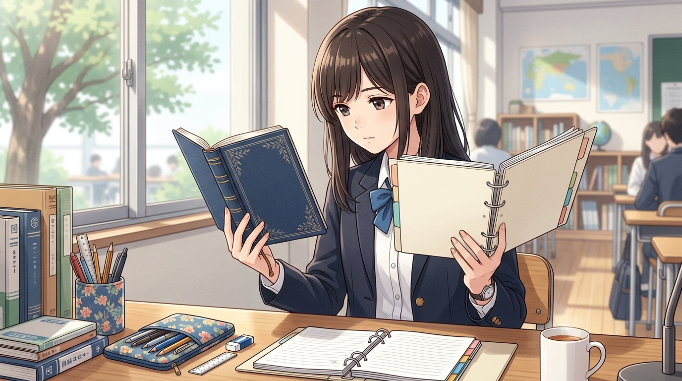 ノートとルーズリーフを見比べる学生のイラスト