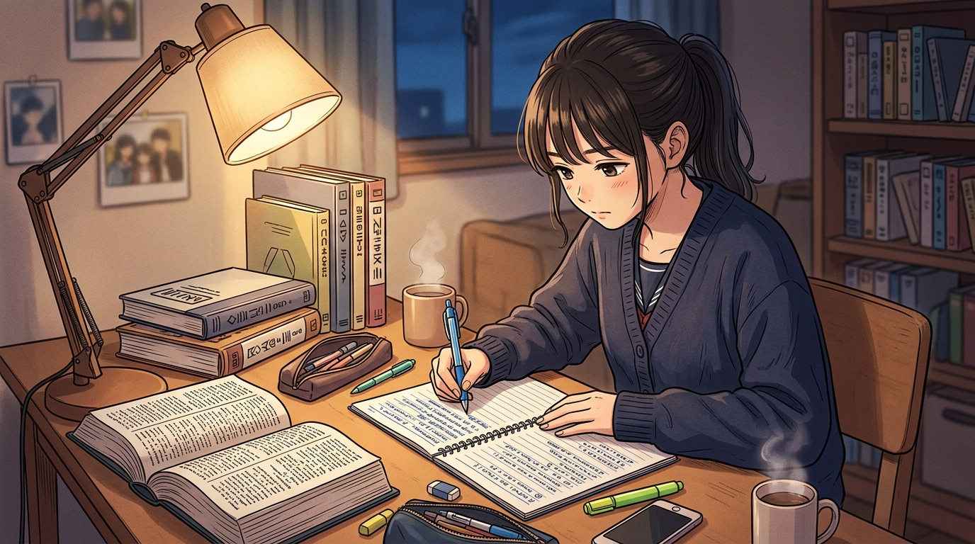英語や古文を2分割ルーズリーフにまとめる学生のイラスト