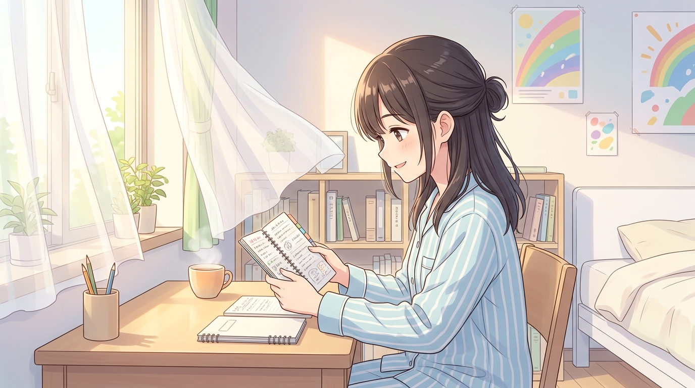 朝日が差し込む部屋で単語帳を開いて朝学習に取り組む女子高校生