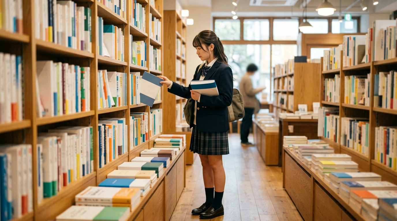 温かい木目の大型書店で真剣な眼差しで参考書を手に取る高校生の情景