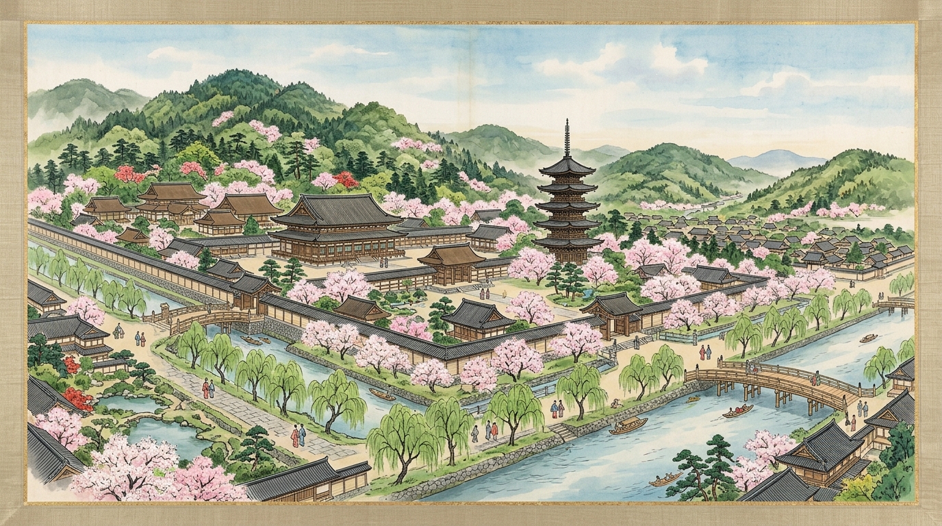春の桜が咲き誇る平安京の壮麗な都