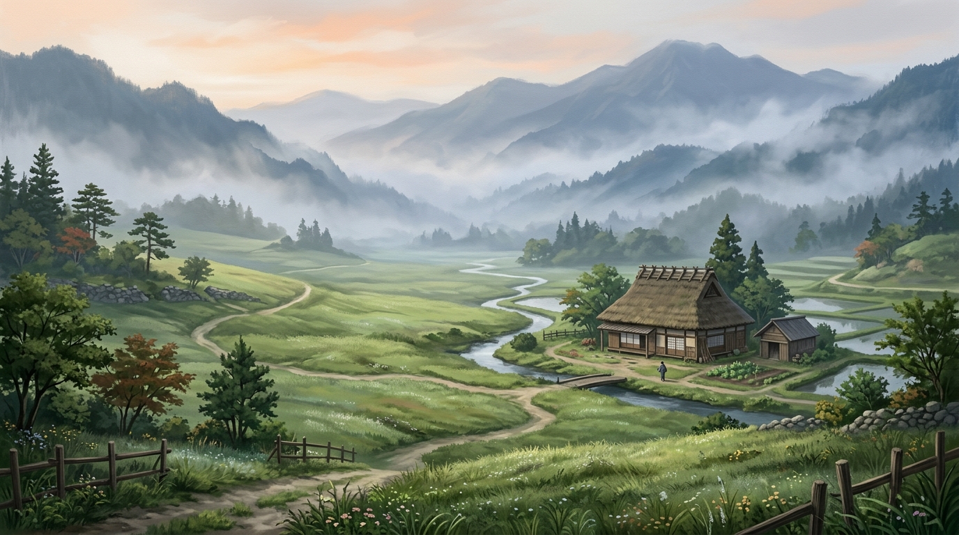 上総国ののどかな田舎風景と山並み
