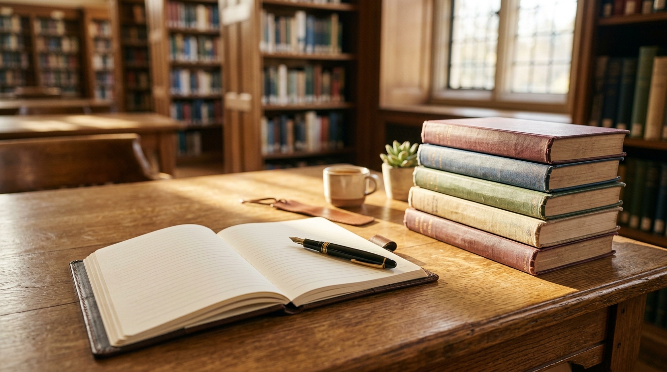 朝の光が差し込む静かな図書館の学習机と開かれたノート