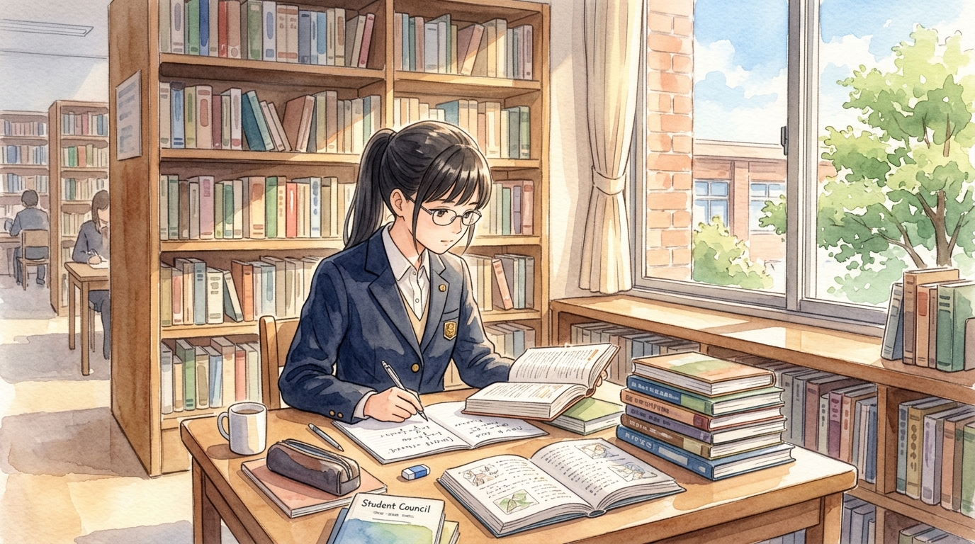 生徒会活動と学業を両立して勉強に励む高校生