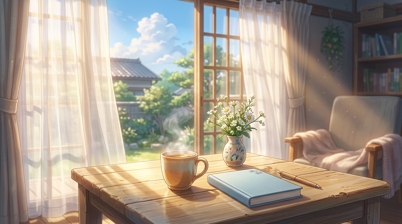 朝の柔らかな光が差し込む部屋で温かいお茶と花が置かれた癒しの風景