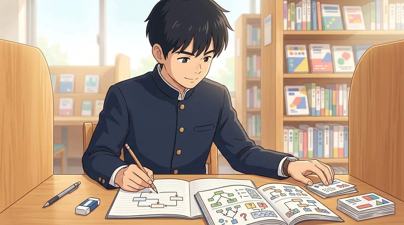 自習ブースで単語カードと問題集を見比べ論理的に識別パターンを整理する男子高生