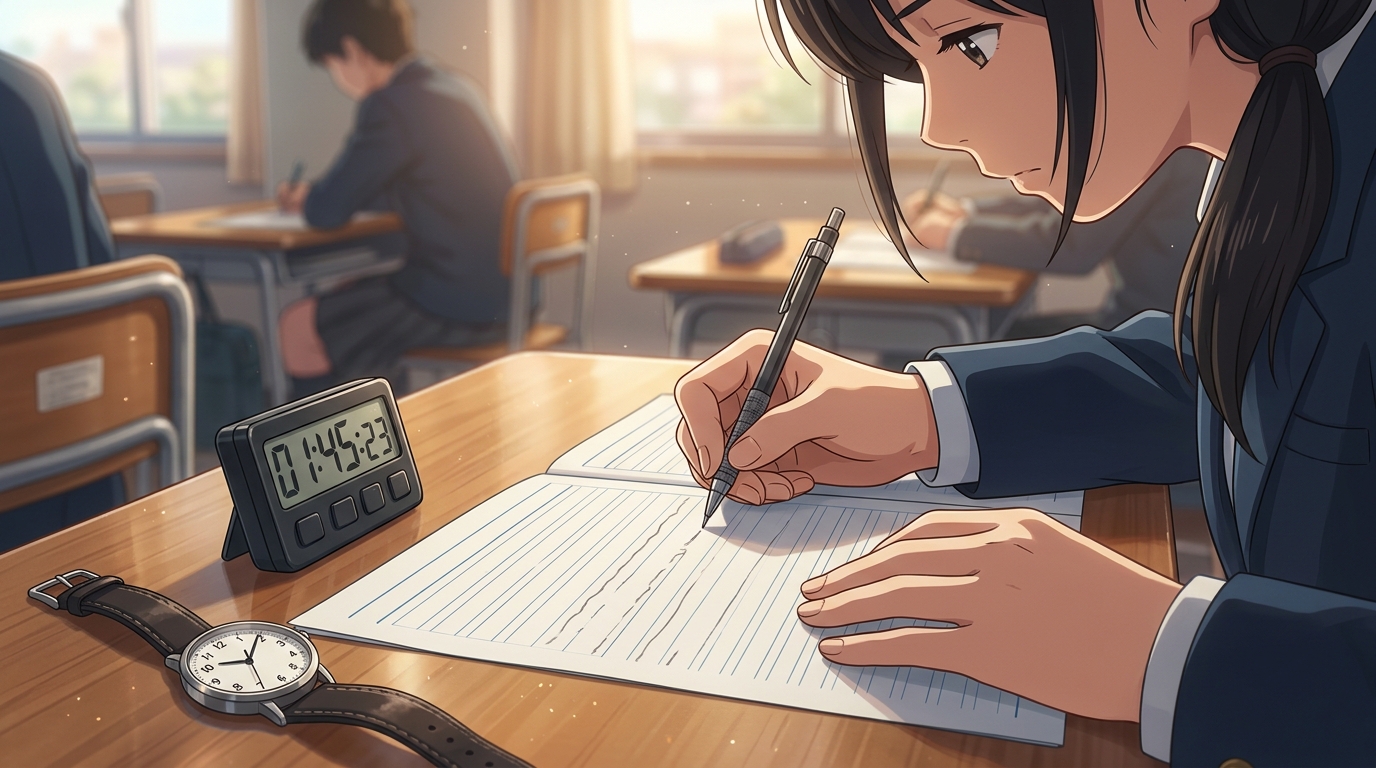 机の上のタイマーを見ながら時間配分を意識して小論文を書く受験生の手元