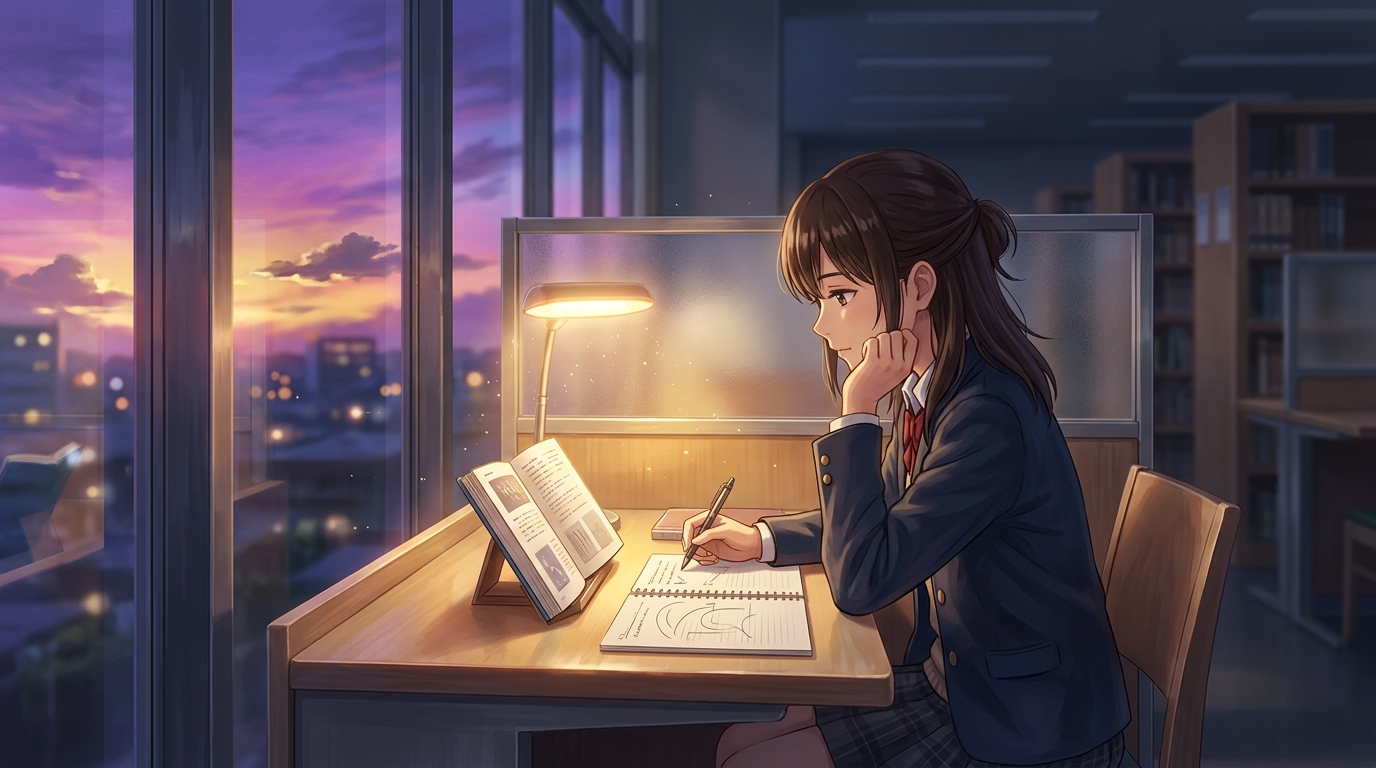 夕暮れの自習室で参考書を開きながら小論文の構想を練る女子生徒