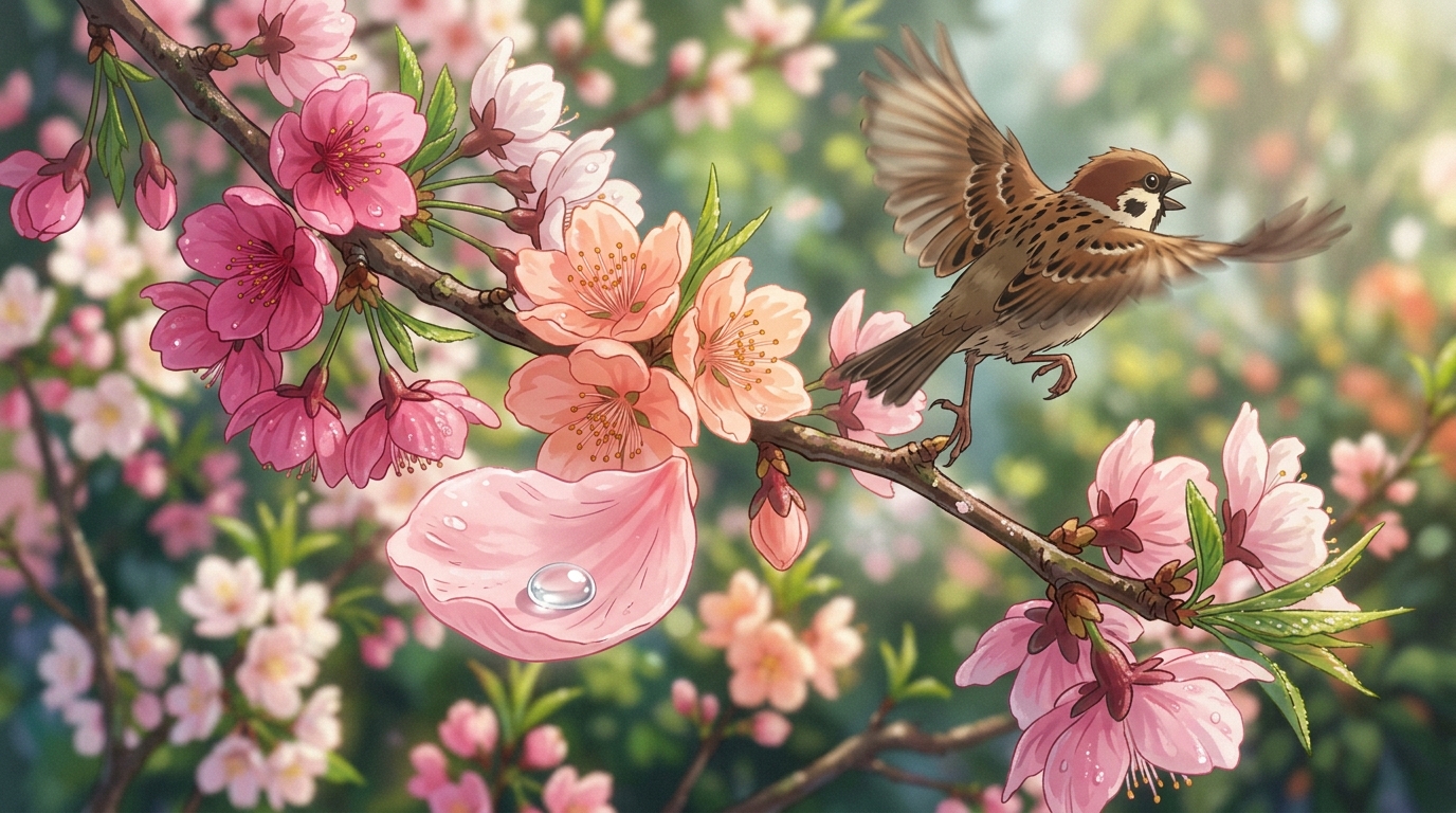 咲き誇る花と飛び立つ鳥に涙を落とす心情