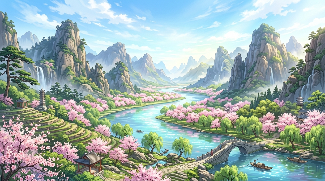 美しく澄み渡る春の山河