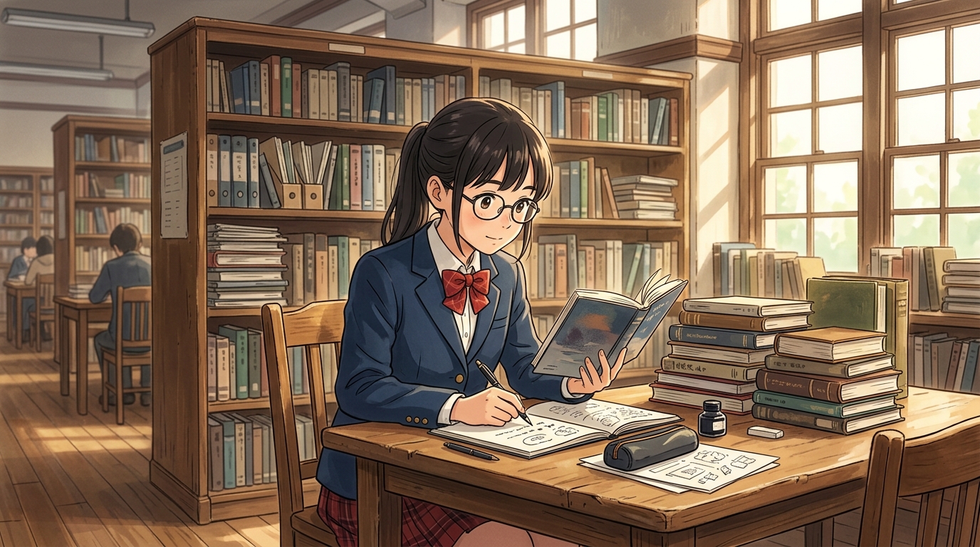 放課後の図書館で興味のある分野の専門書を読み耽る探究心あふれる高校生