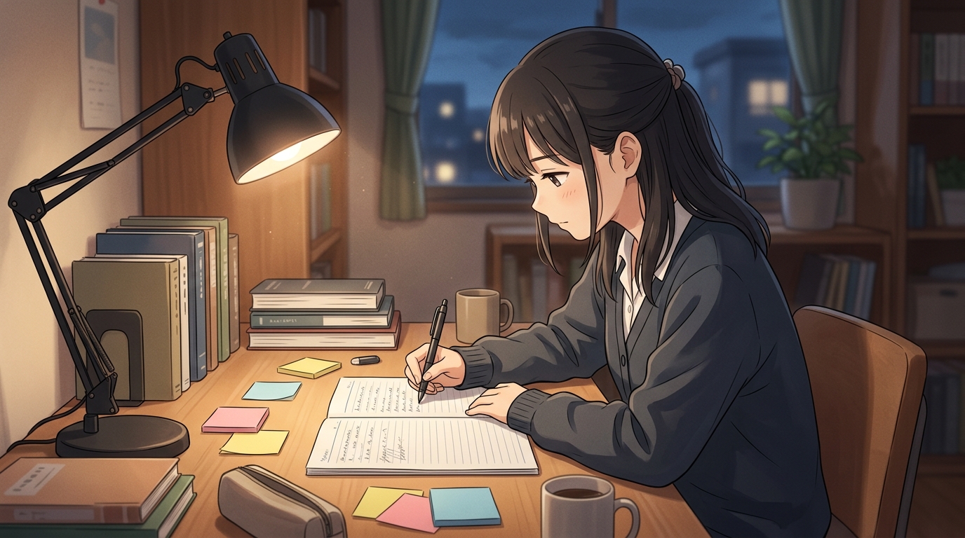 夜の学習デスクで活動報告書と志望理由書を丁寧に推敲する高校生