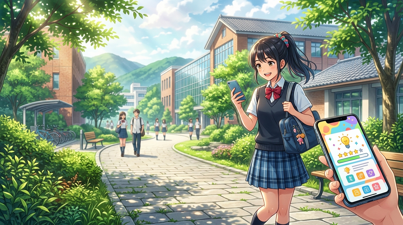 爽やかな通学路でスマホアプリを活用して効率的に英単語を復習する学生の姿
